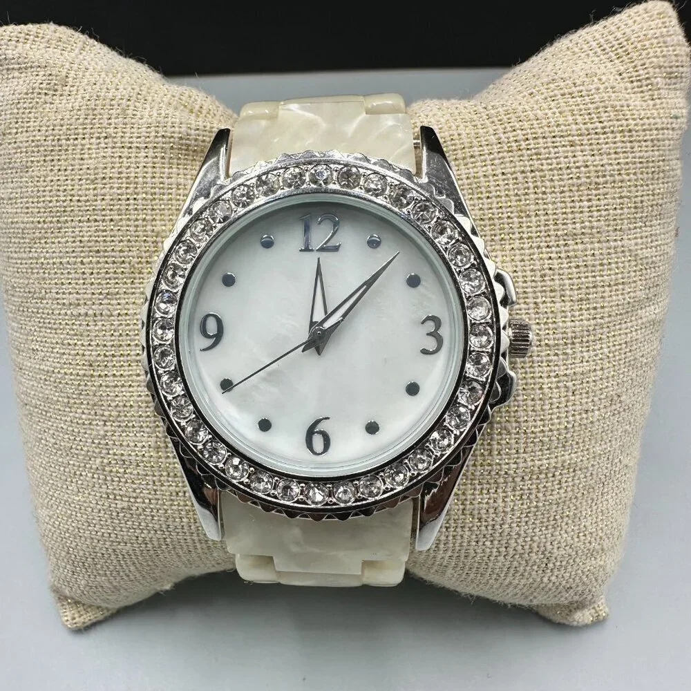 3/$30 Silver Tone Women Watch Rhinestone Bezel Cream Resin Band New Battery